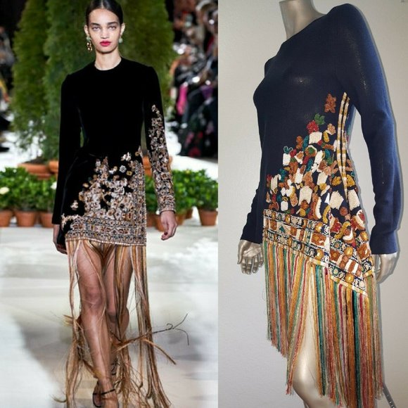 °$2,490 NEW OSCAR DE LA RENTA  EXCLUS EMBROID RUNW KNIT DRESS SWEATER US L - Picture 1 of 13